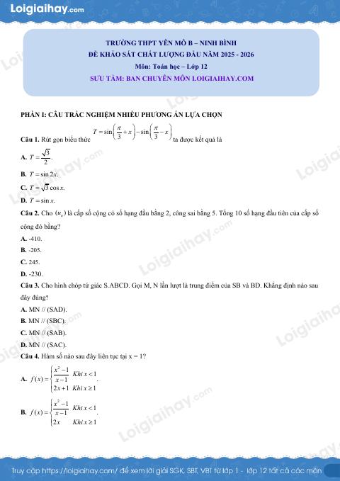 Đề khảo sát chất lượng đầu năm Toán 12 THPT Yên Mô B
